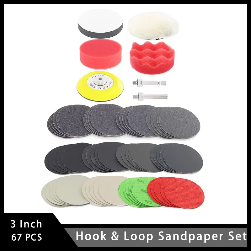 3 Inch Hook & Loop Sandpaper Set 67 Pcs Assorted 60-10000 Grits Wet Dry Sanding Paper Headlight Restoration Kit for Car Metal