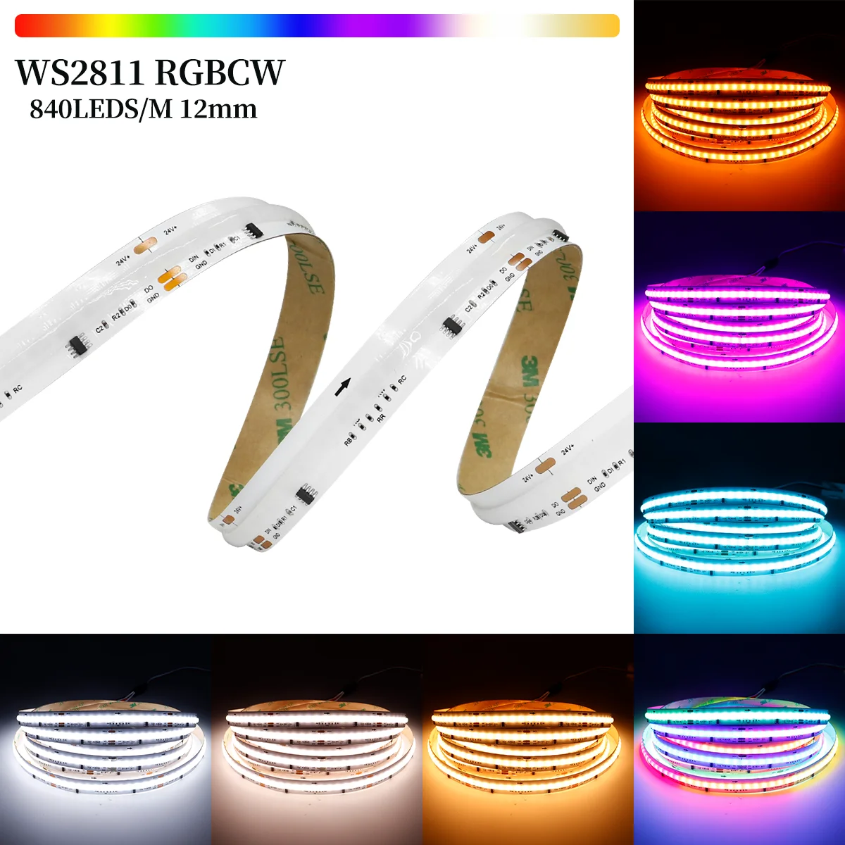 1-5PCS WS2811 IC COB RGBCCT Led Strip 12mm 840leds/m RGBCW Addressable RGBIC Color LED Lights lamp Dimmable solt lighting tape