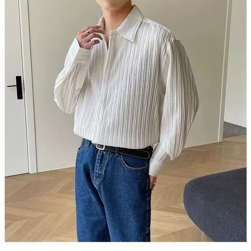 Luxury Black White Apricot Long Sleeve Shirt Men Fashion Wave Texture Cross-border Mens Shirt Pleated Loose Casual Tops Shirts