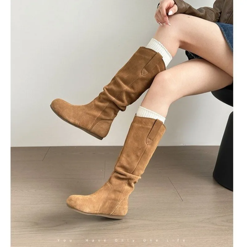 

New Style Fashion Women's Knee-high Boots Stretch Round Toe Western Boots Thick Heel Pile Up Women's Long Boots Zapatos Mujer