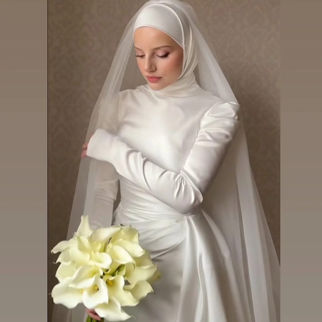 KUXA Luxury Muslim Wedding Dresses Mermaid Woman Long Sleeve High Neck Satin Formal Bridal Gowns Elegant Customized 2026