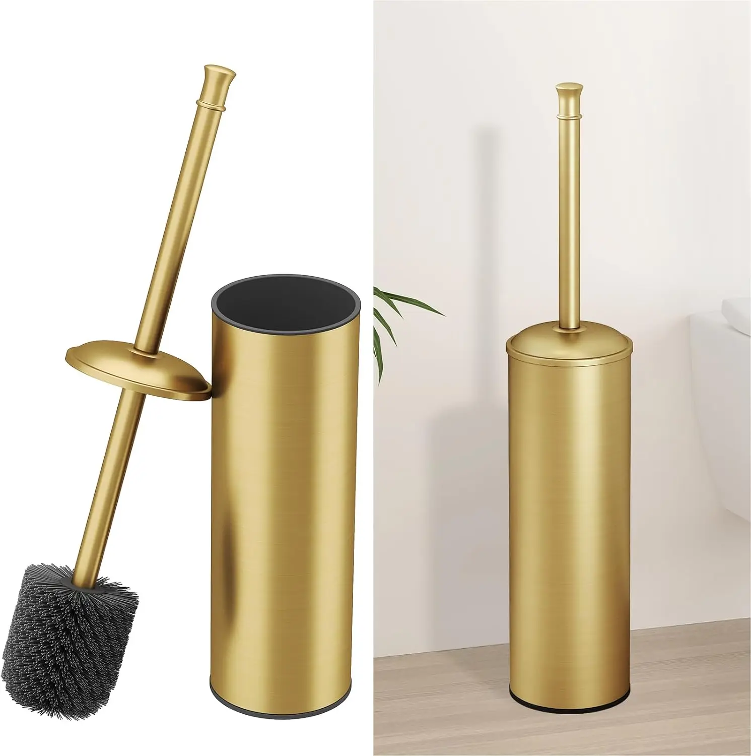 

Toilet Brush and Holder Set with Extra Long Handle, Durable Bristles, Drip-Proof Stainless Steel Brushed Gold