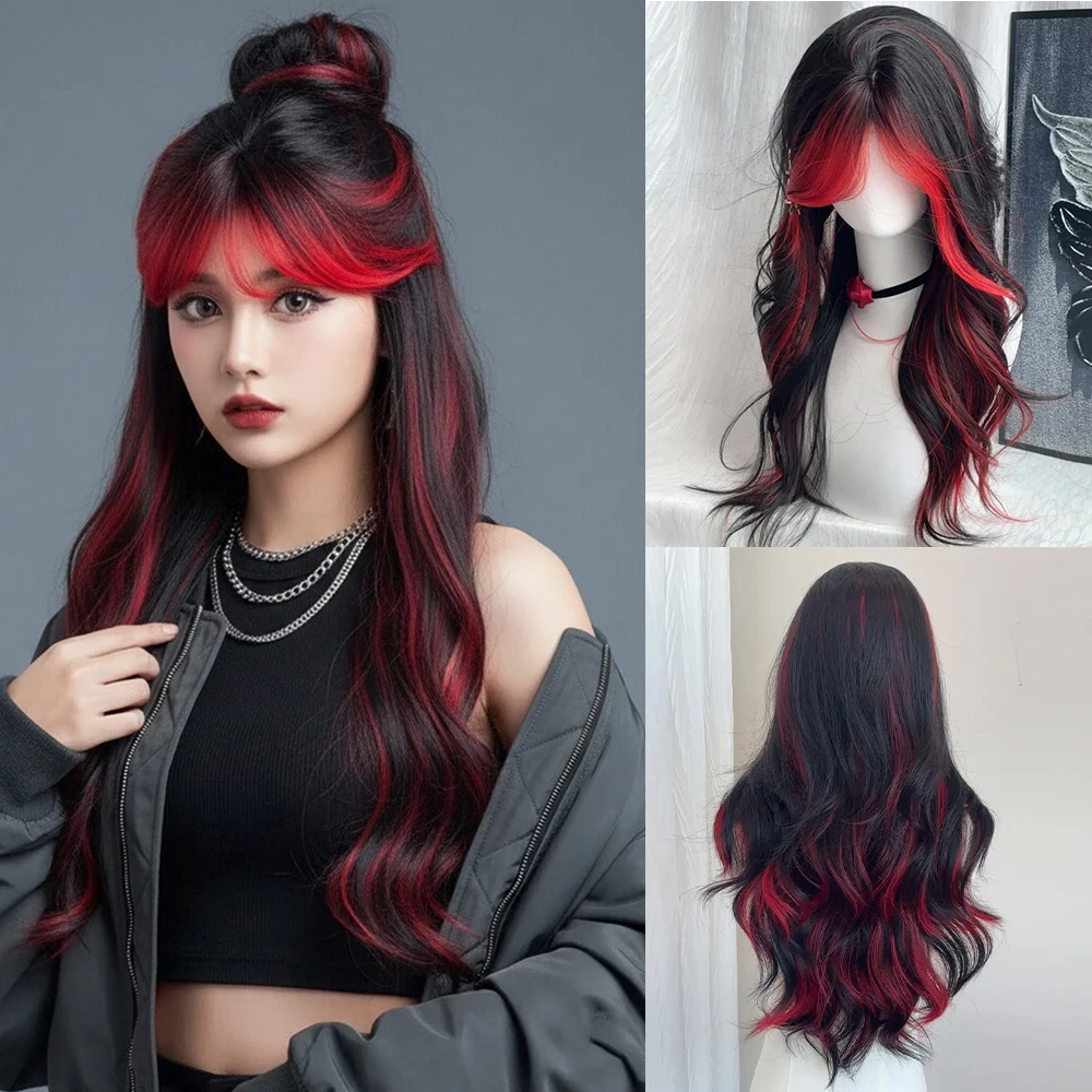 

Синтетический длинный волнистый черный смешанный красный парик с мелированием с челкой для женщин, косплей, повседневная вечеринка на Хэллоуин, пушистые искусственные волосы