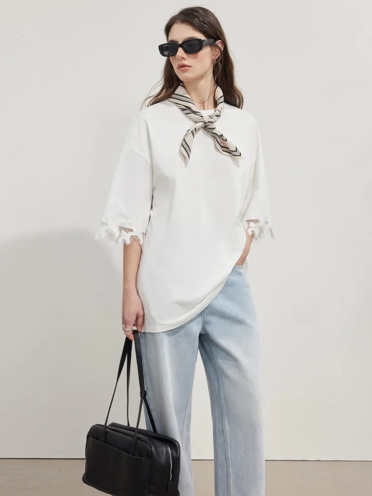 

Женская футболка свободного кроя с кружевной отделкой и коротким рукавом, весна-лето, белая, из смесового хлопка, с подплечниками, круглый вырез, повседневный стиль