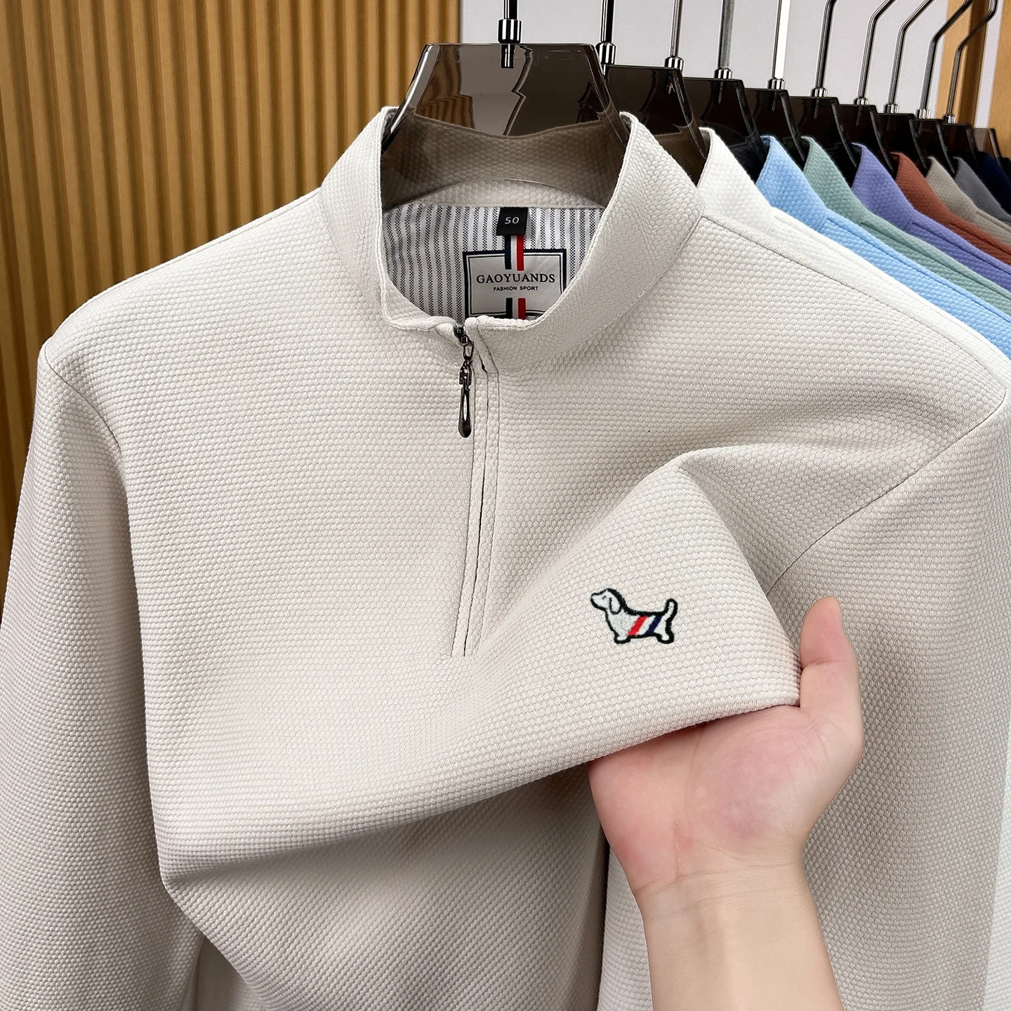 Comfort High‑End Cotton Long Sleeve Sportswear Luxury Brand Cartoon Dog Embossed Men's Mock Neck Spring Autumn Casual Pullover