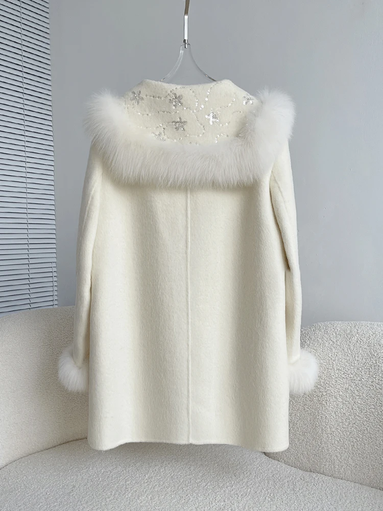 New Winter Women Cashmere Wool Woolen Coat Real Fox Fur Cuff Coat Jacket Natural Fox Fur Collar Ladies Outerwear Streetwear