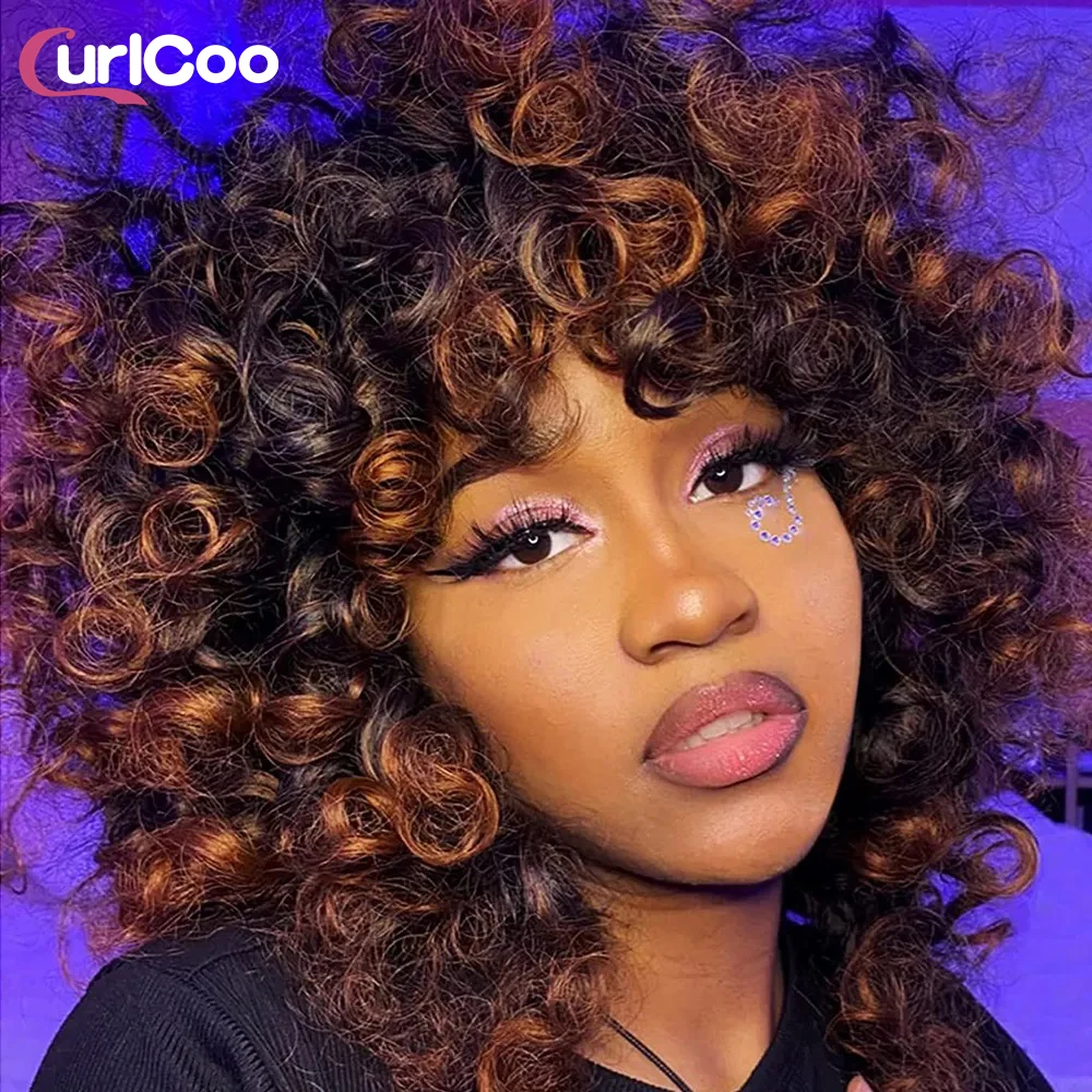 Short Hair Afro Kinky Curly Wigs With Bang For Black Women Fluffy Synthetic Natural Hair Ombre Cosplay Blonde Brown Wig