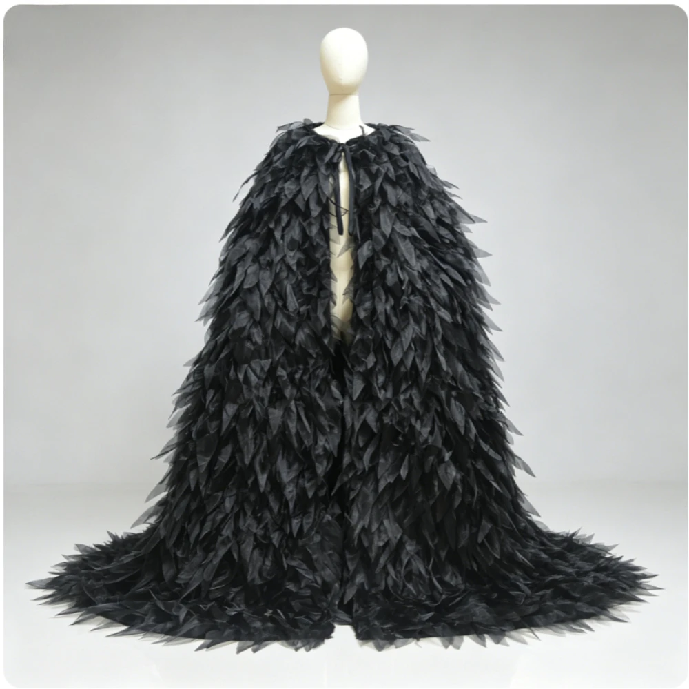 Black Organza Fluffy Cloak Stage Performance Costumes Women Cape Outerwear Coat Cross Dressing Queen Halloween Christmas Cloak