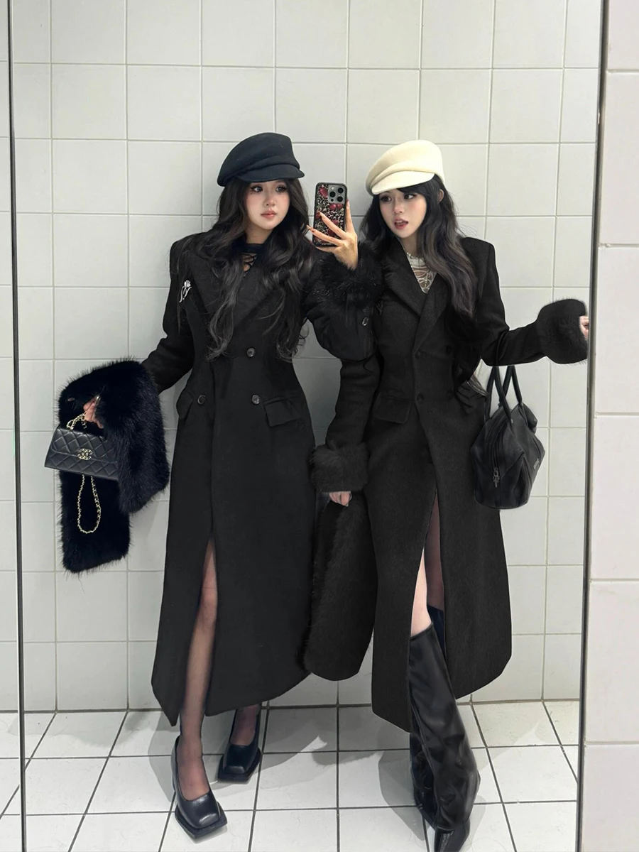 

Зимнее пальто Thiened для женщин, корейский стиль, с мехом, на талии, с утеплением, шерстяное, модное, длинное пальто-пальто-кофта