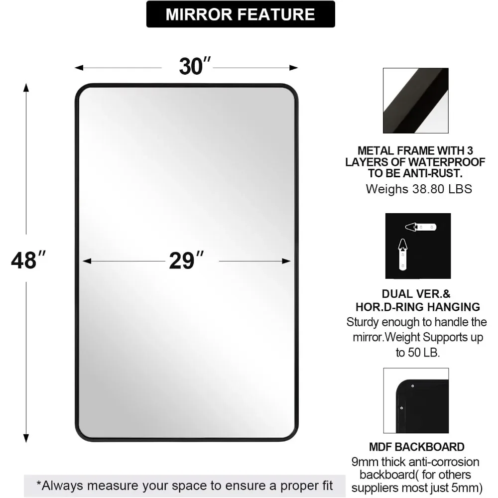 

30’’x48’’ Rectangle Black Metal Framed Bathroom Vanity Mirror for Wall, Wall-Mounted Horizontal/Vertical