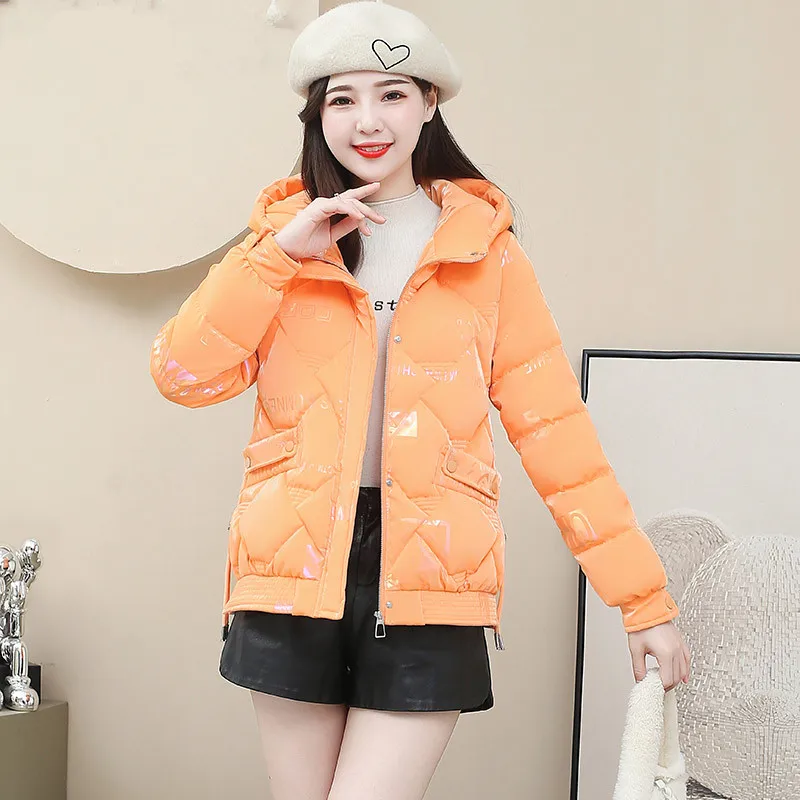 UHYTGF 2023 Winter Coat Women Bright Face Down Cotton Cold Proof Warm Student Short Jacket Female Hooded Parka Overcoat 3XL 2050