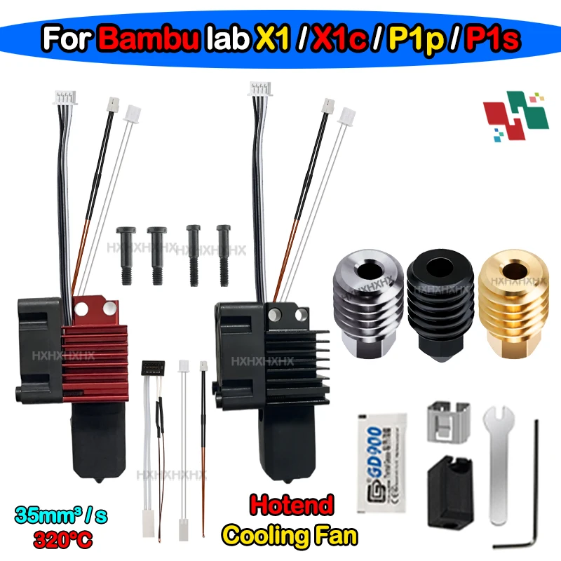 Bambu Lab X1/X1C/P1P/P1S Metal Hotend With Cooling Fan Hardened Brass Copper 0.2/0.4/0.6/0.8mm Nozzle 3D Printer