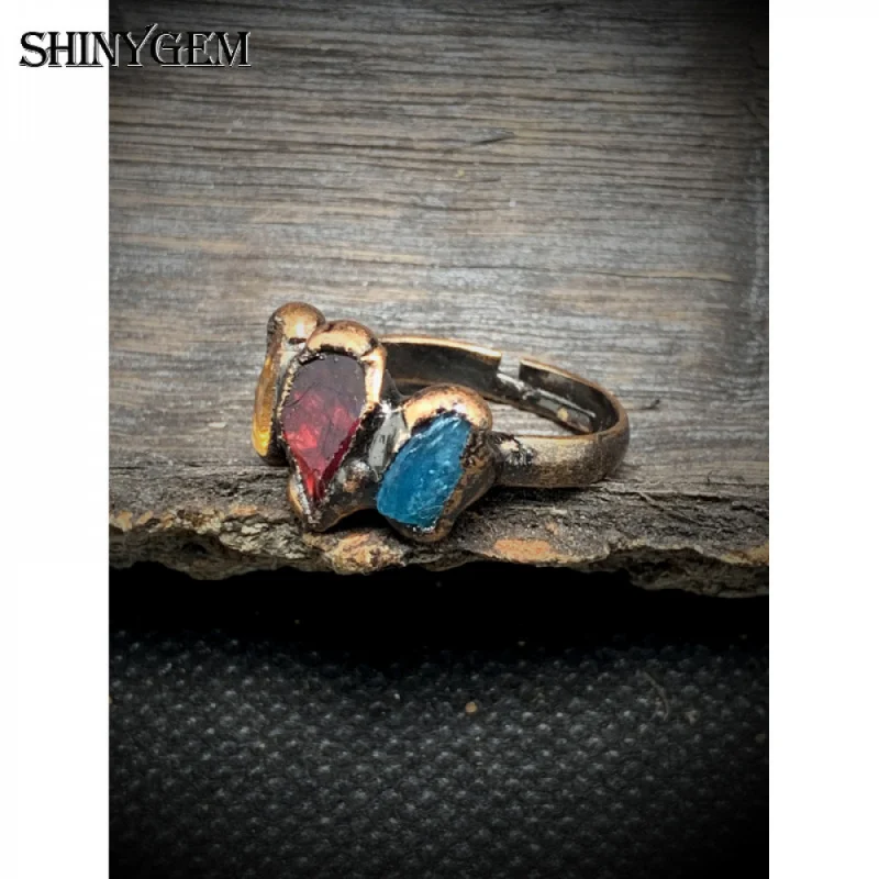 SHINYGEM Three Natural Stone Raw Irregular Handcrafted Edged Bronze Gothic Fashion Jewelry Ring Gift