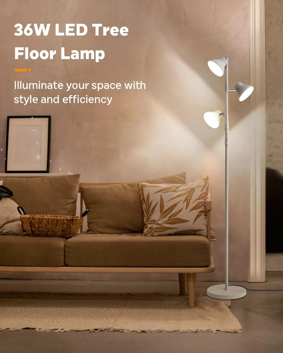 

Led Tree Floor Lamp Silver, 36W Super Bright Standing Lamp With Remote Control, 4 Color Temperatures, 3 Rotatable Led Lights,