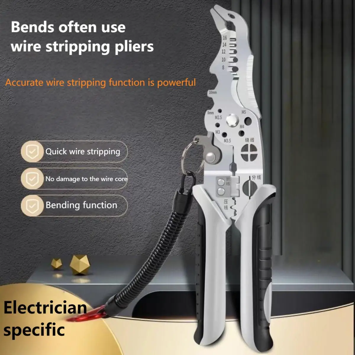 

Multi functional wire stripping pliers for electricians specifically designed for eagle beak wire stripping winding and crimping
