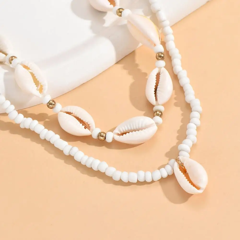 Necklace Set 2 Pcs Women Seashell Necklace Anklet Set Adjustable Lobster Clasp Jewelry Retro Bohemian Beaded Beach Accessories