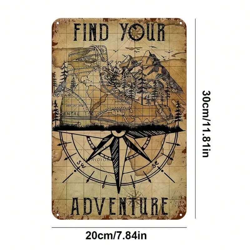 Find Your Adventure Hiking Boot Compass Map Tin Sign - Vintage Durable Metal Plaque Wall Decor, Home Office Bar Man Cave Wall Ar