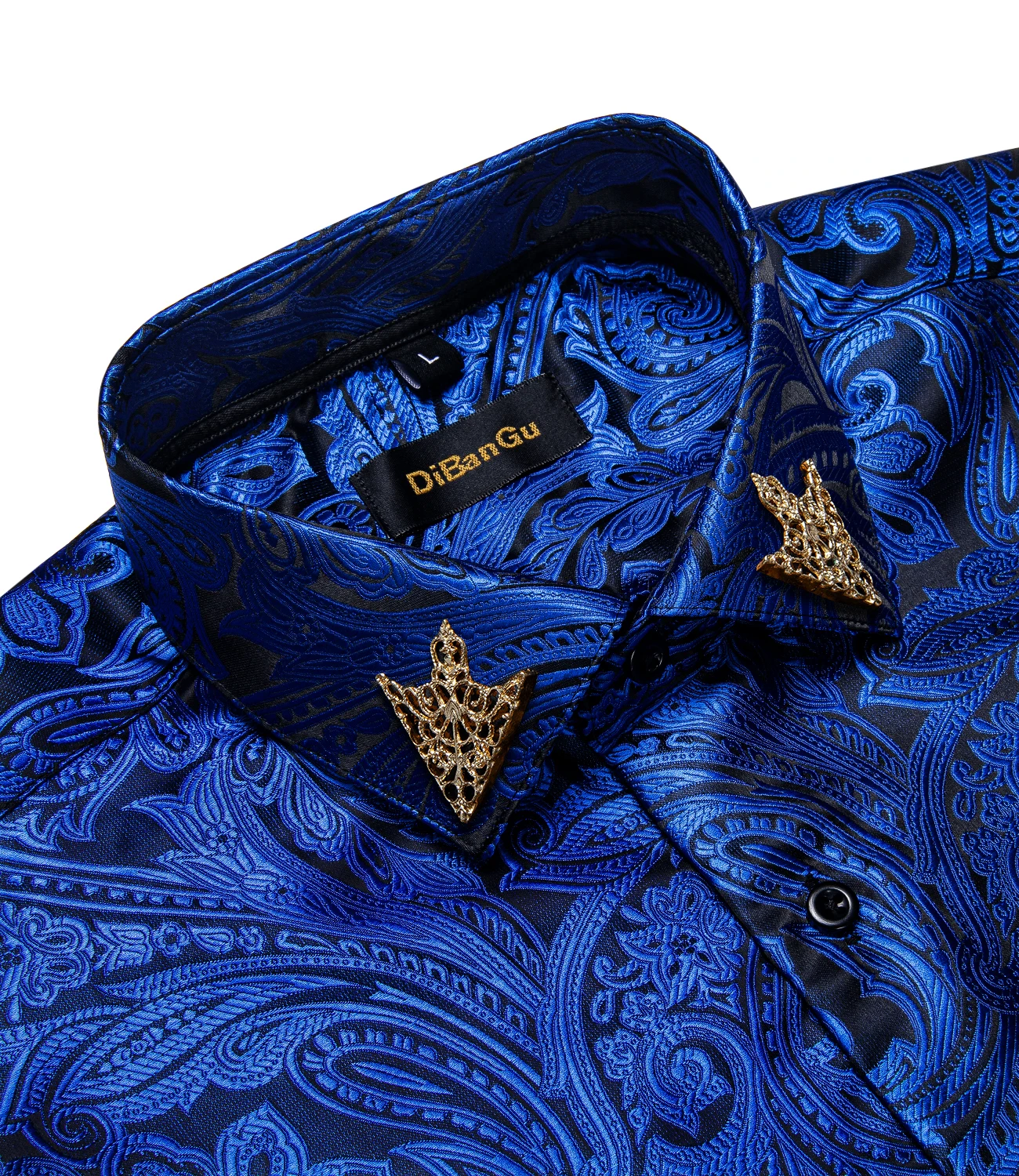 Mens Club Wear Blue Silk Shirts For Man Fashion Singal Breasted Spring Autumn Floral Long Sleeve Ajustable Cuffs Male Clothing
