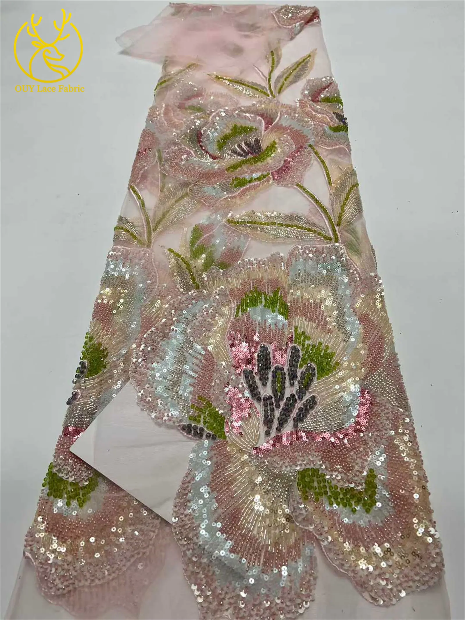 Nigeria Große Blumen Perlen-Spitzenstoff 2026 Luxuriöser Afrikanischer Spitzenstoff 5 Yards Französischer Pailletten-Spitzenstoff für Party- und Abendkleider – Detail 23