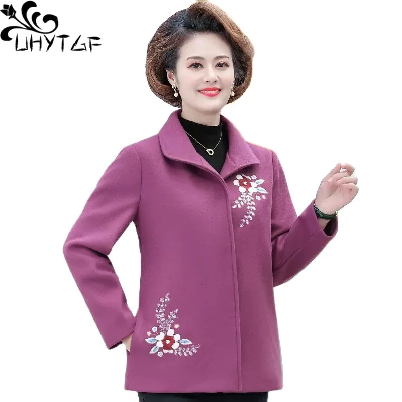 

UHYTGF Elegant Mother Autumn Winter Woolen Coat Women's Casual Short Jacket Female Fashion Embroidered Outerwear Ladies 5XL 2219
