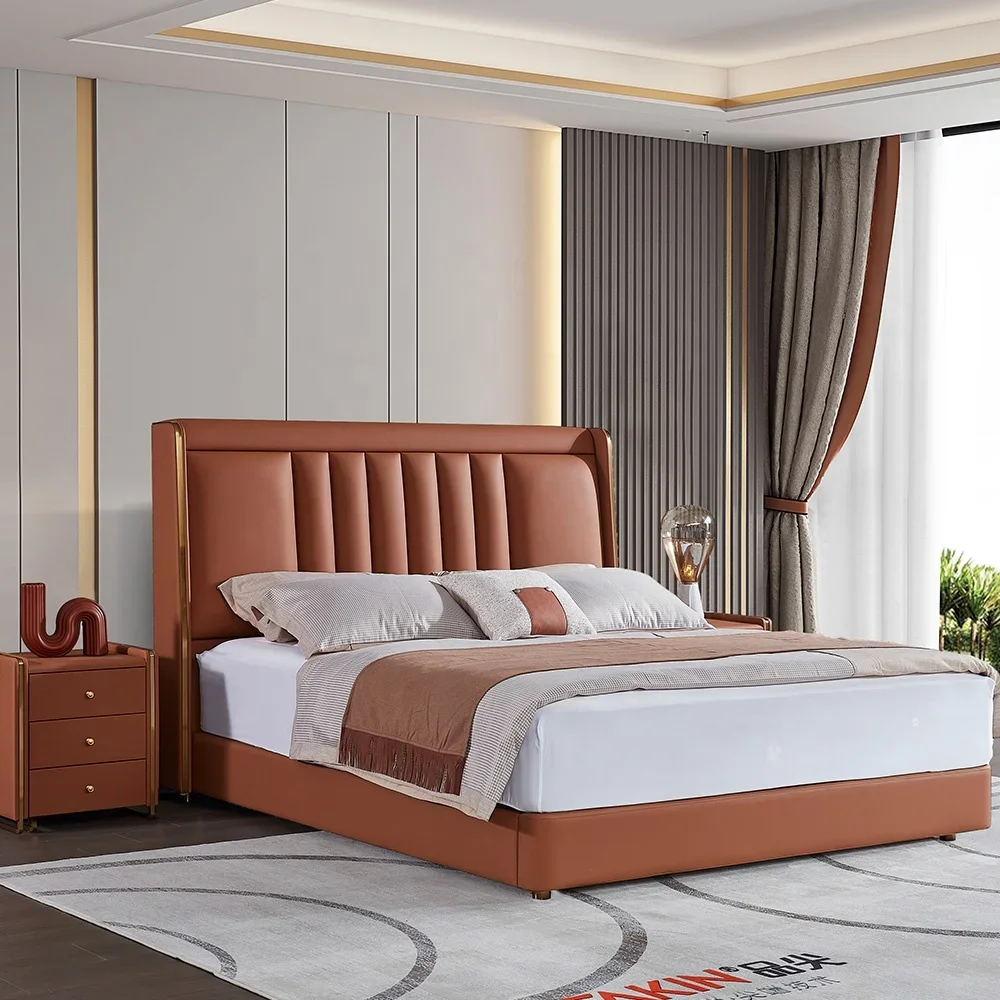 

Лидер продаж, роскошный деревянный каркас кровати размера «queen-size» с кожаной обивкой, мягкая панель, мебель для спальни, доступны двуспальные и королевские размеры