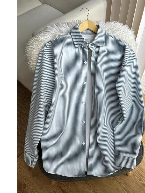

Retro Japanese Blue White Vertical Stripes Men's Casual Long Sve irt Spring Summer High End Lazy Sle Couple Jaet