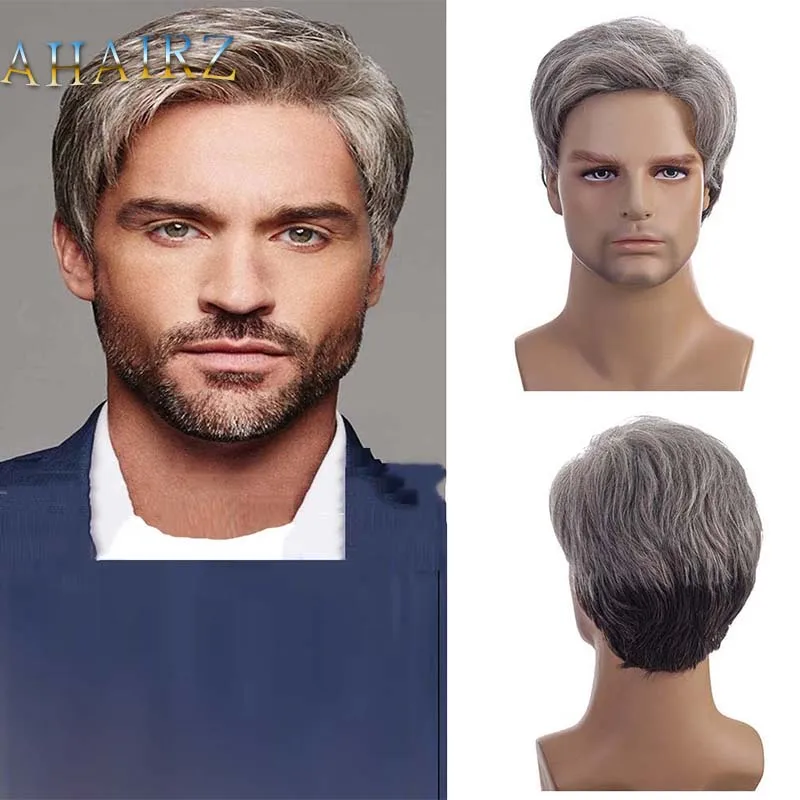 Synthetic Short Man Wig with Bangs Silver Grey Hair Father Gift Wig for Men Daily Party Cosplay Heat Resistant