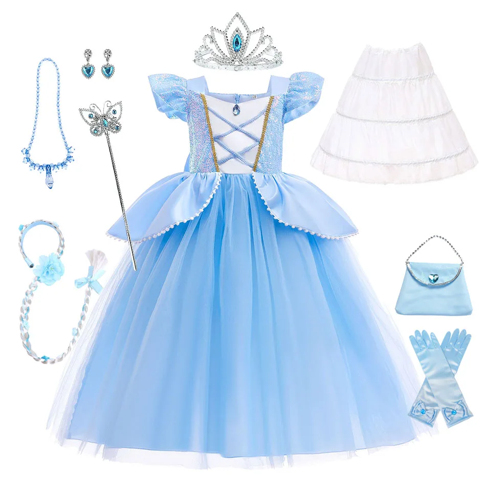 

Cinderella Cosplay Costume Kids Birthday Party Ball Gown Girls Blue Lace Sequins Princess Skirt Halloween Performance Clothing