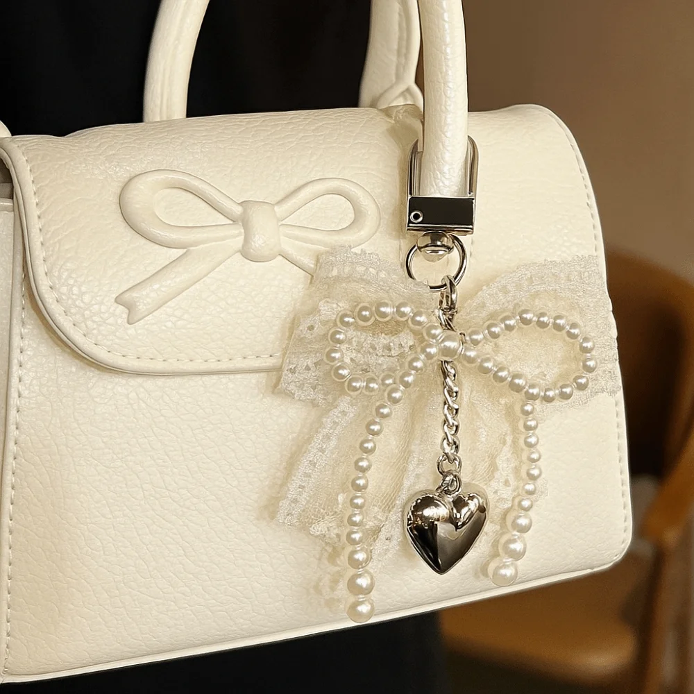 New Y2K Pearl Bow Keychain Metal Chain Delicate Beaded Lace Bow Keychain Keyring Bag Accessory