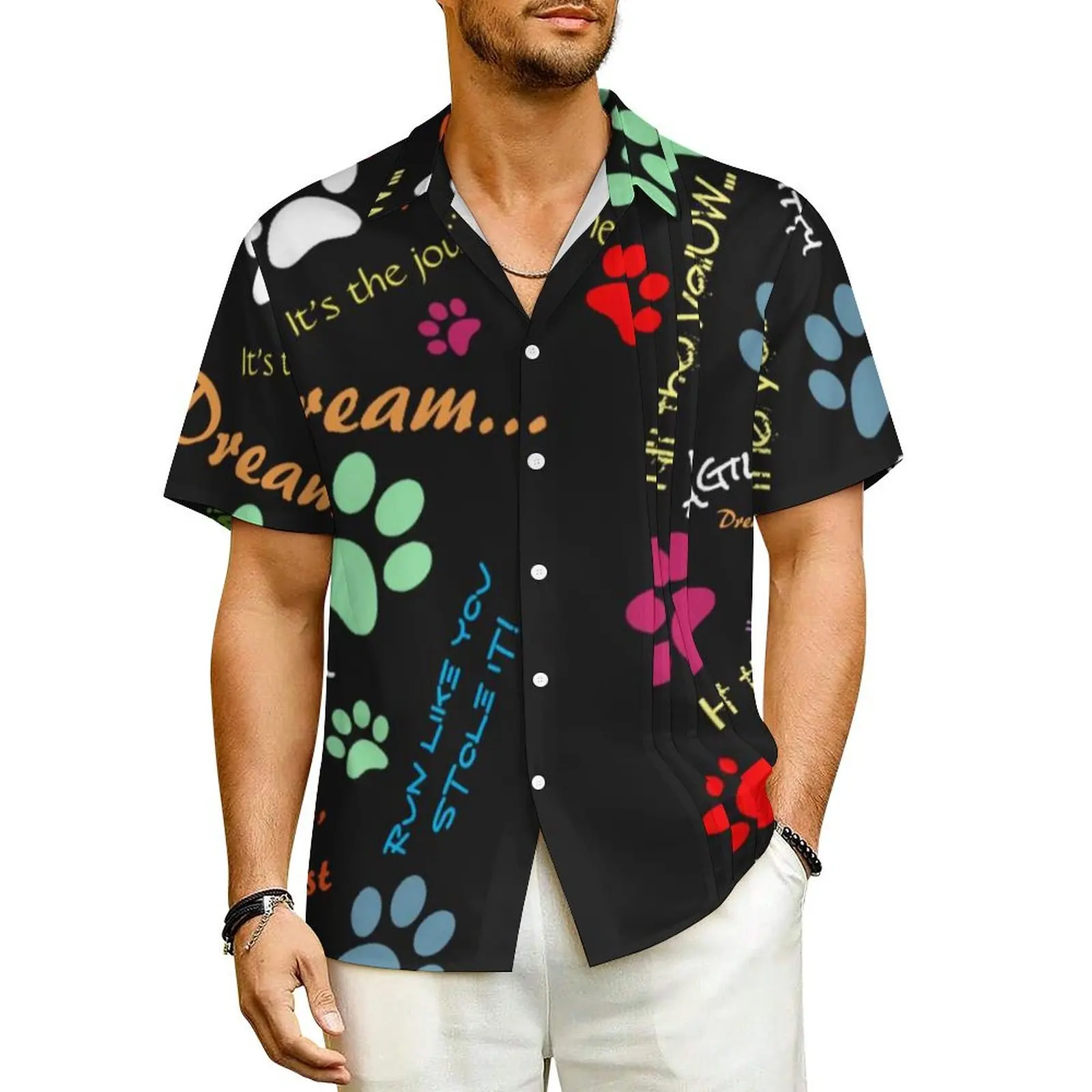 Dog Run Fast Vacation Shirt Multi Colored Paw Prints Hawaii Casual Shirts Men Loose Blouses Short-Sleeve Stylish Printed Tops