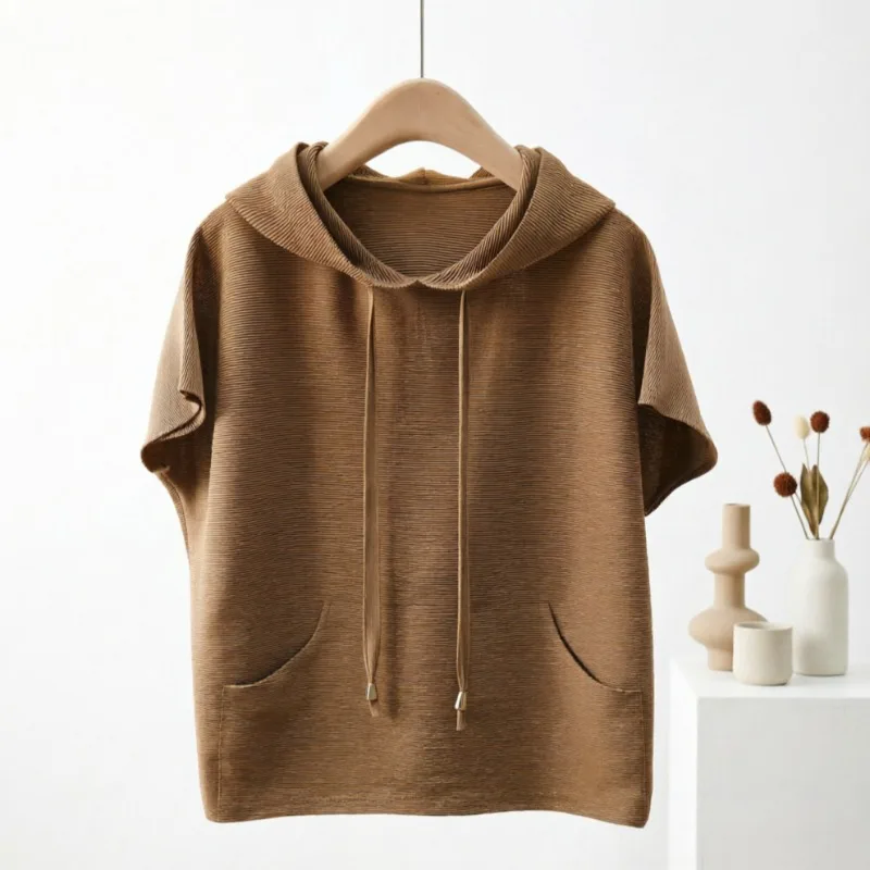  Pleated Hooded T-Shirt 2026 Summer New Simple Fashion Casual Short Sleeve Sweatshirt Lightweight Loose Women Stretch Top