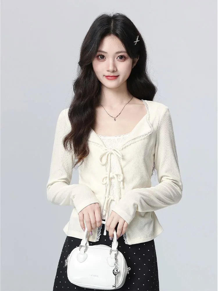 ort Knitted Long Sve T-irt Women's Autumn Winter New Sle Lace  Knot Waist Cinching Top Korean Sle Pure Color