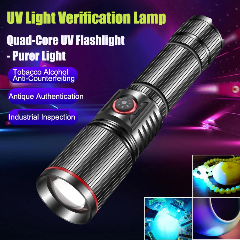 

365 UV Light Flashlight USB Rechargeable 30W High-Power Zoom In And Out Nail Lamp Jewelry Amber Authentication