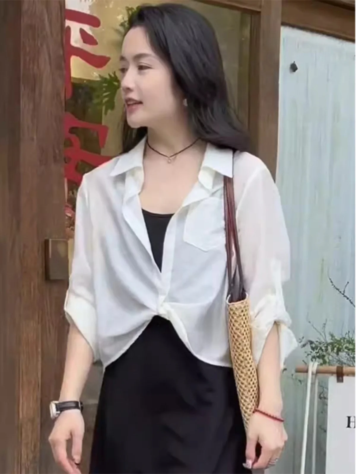 

Women's Summer Short Sleeve Sun Protection Shirt Loose Fit Two-Piece Set with Strap Dress Outer Cardigan Thin Model Fashion