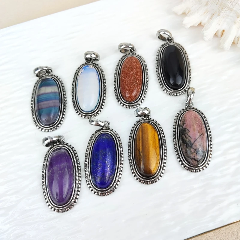 Natural Gemstone Oval Shape Charm Pendant Healing Crystal Fluorite Amethyst Tiger Eye Pendants for Women Neckalce DIY Accessoies