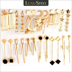 LUXUSTEEL Trend Long Tassel Dangle Earrings for Women Girls Simple Geometric Stainless Steel Black Shell Earring Unique Jewerlry