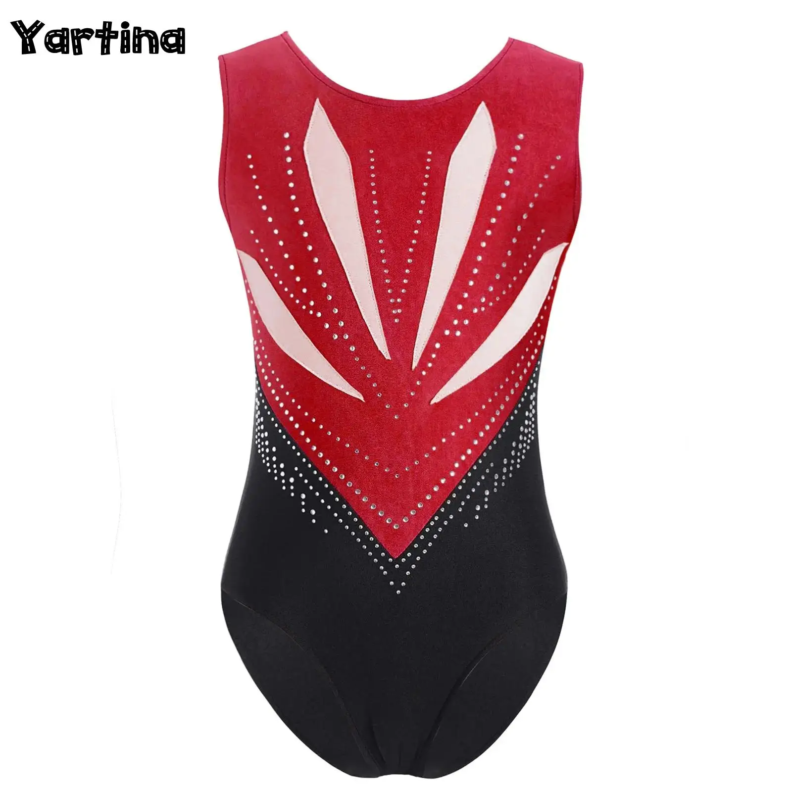 Kids Girls Gymnastics Leotard Figure Skating Costume Ballet Jersey Bowknot Cutout Back Sparkly Rhinestones Bodysuit Dancewear