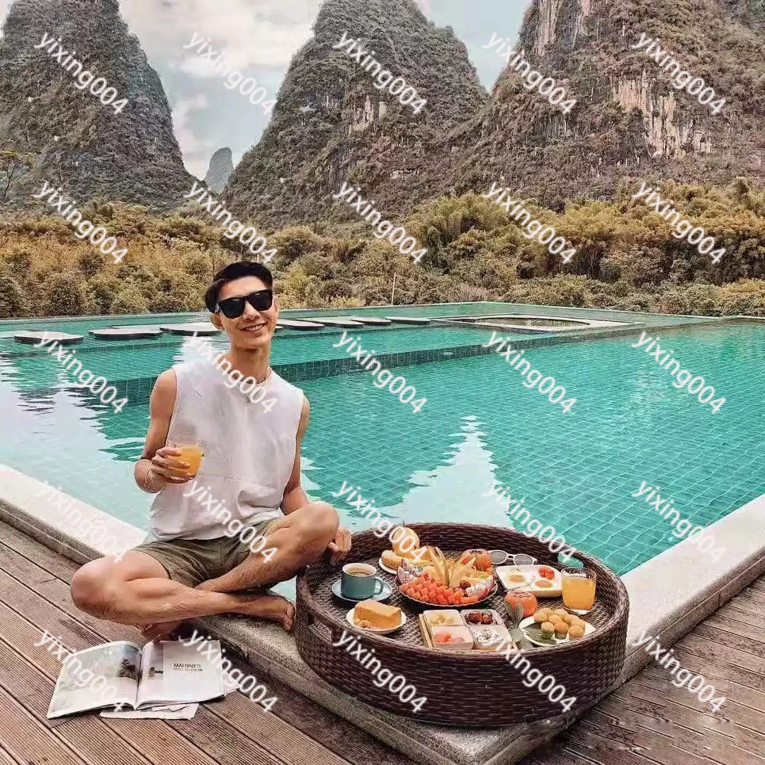 Rattan Floating Tray Round Heart Shape Woven Basket Pool Serving Plate Home Decor