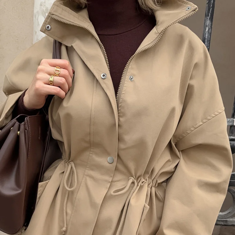 

2025 Women'S Winter Jacket Female Clothing Barns Style Long Loose Fit Waist Drawstring Windbreaker Vintage Coat