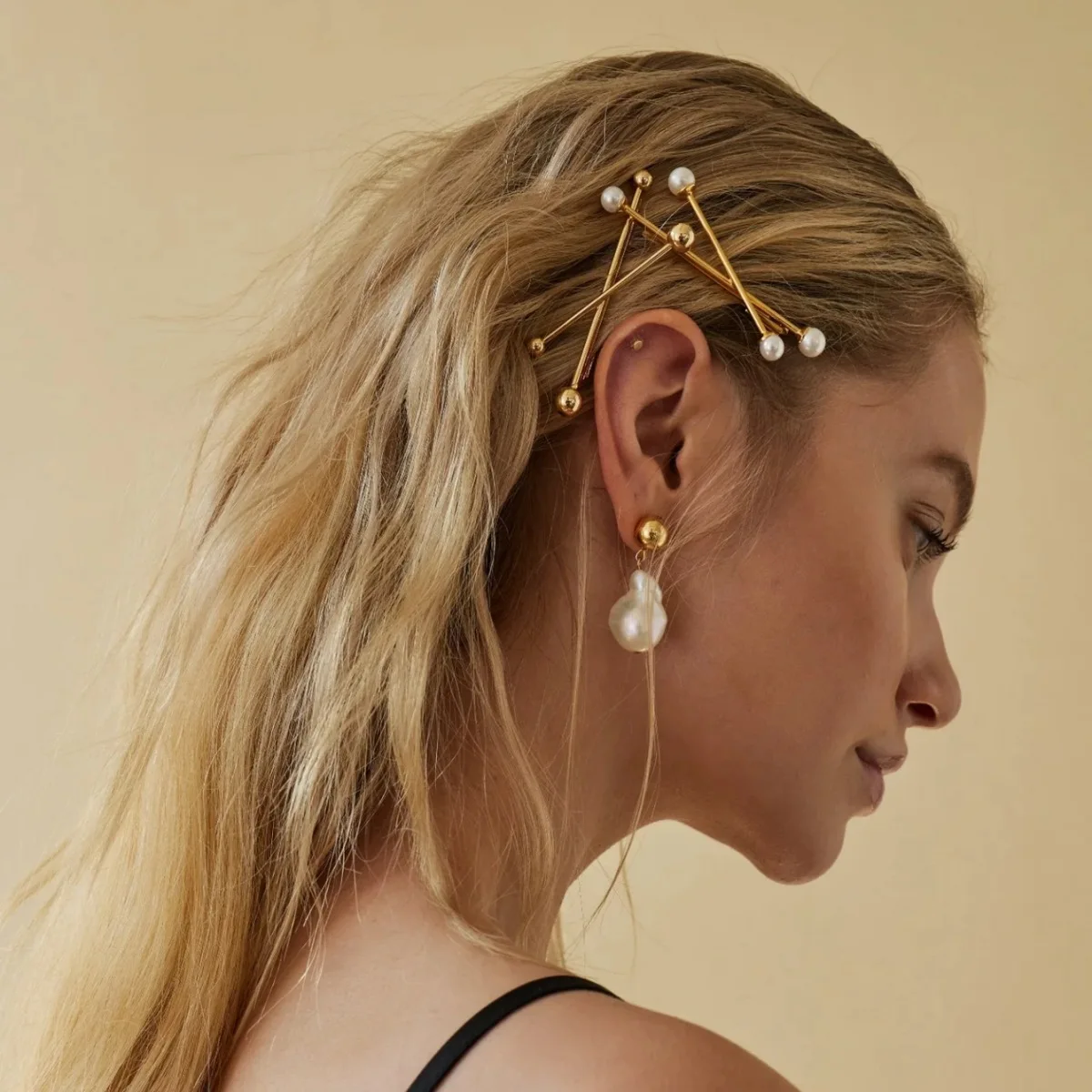 Épingles à cheveux dorées en croix de perles pour femmes et filles, barrettes, pince latérale simple, vêtements de sauna pour patients, accessoires