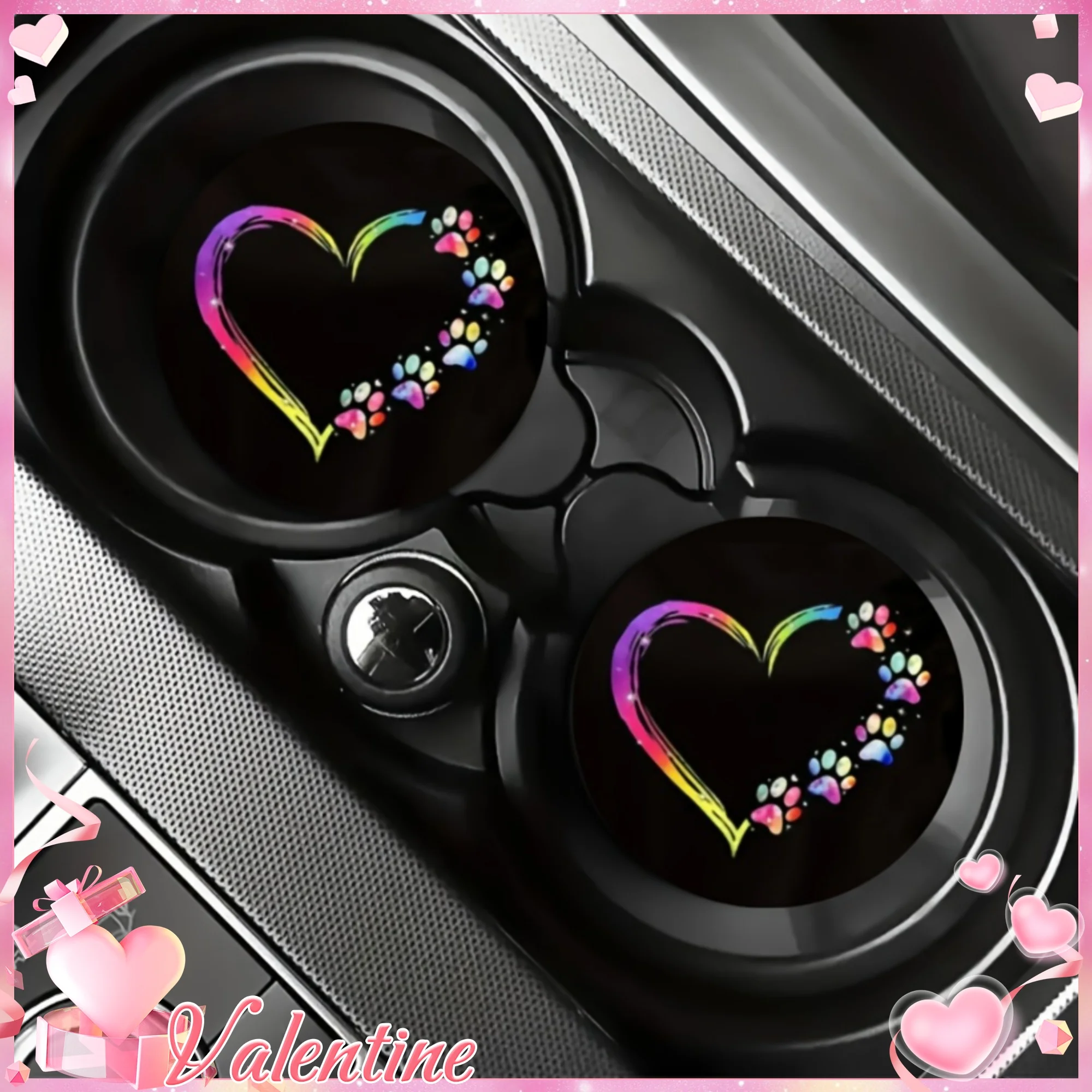 2pcs Heart And Paw Print Pattern Car Cup Holders, Decorative Rubber Coasters For Vehicle Interior Additions, Suitable For Variou