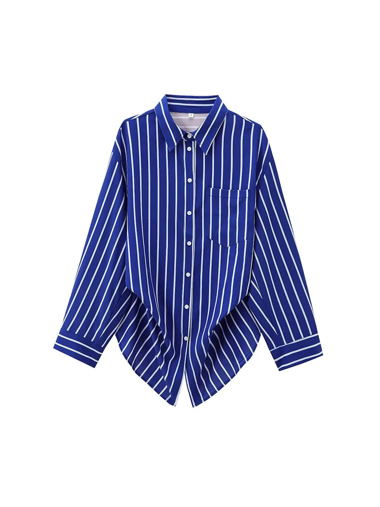 

2024 autumn new fashion women's clothing all-match simple bat sleeve striped long sleeve lapel shirt top