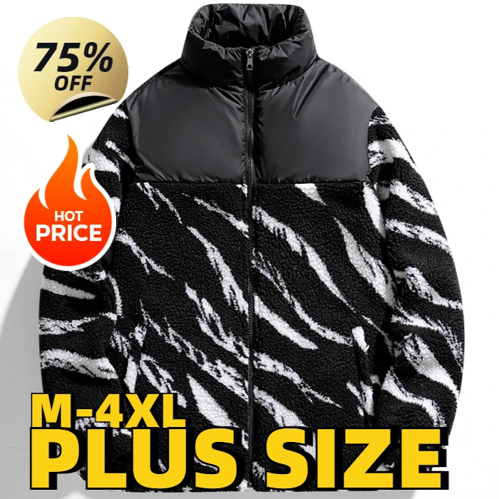 Plus Size Men's Padded Clothing Autumn Winter New Zebra Print Outdoor Travel Stand Collar Coat Men's Warm Lamb's Wool Jacket 4XL