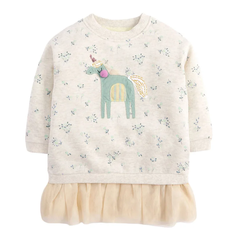 Little maven 2024 Spring and Autumn Clothes Baby Girls Cotton Casual Unicorn Dress Lovely and Sweet for Kids 2-7 year