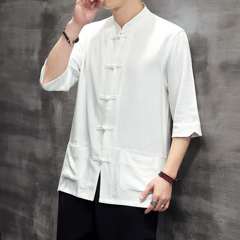 

Chinese Sle Cotton Linen Men's irt Five-Quarter Sve Breathable Moisture ng Loose Fit Spring Season Pure Color