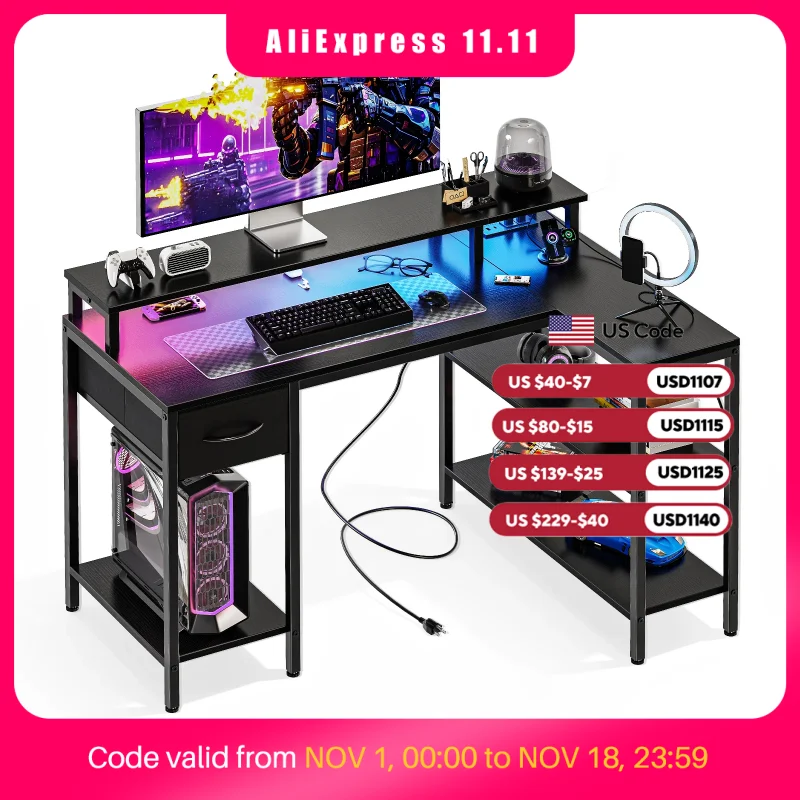 MCQ 47 Inch to 53 Inch Standing Office Computer Desk With Storage Shelves Ergonomic Gaming Desk With Monitor Stand LED Lights USB Charging Ports Power Outlets For Home Office Small Space