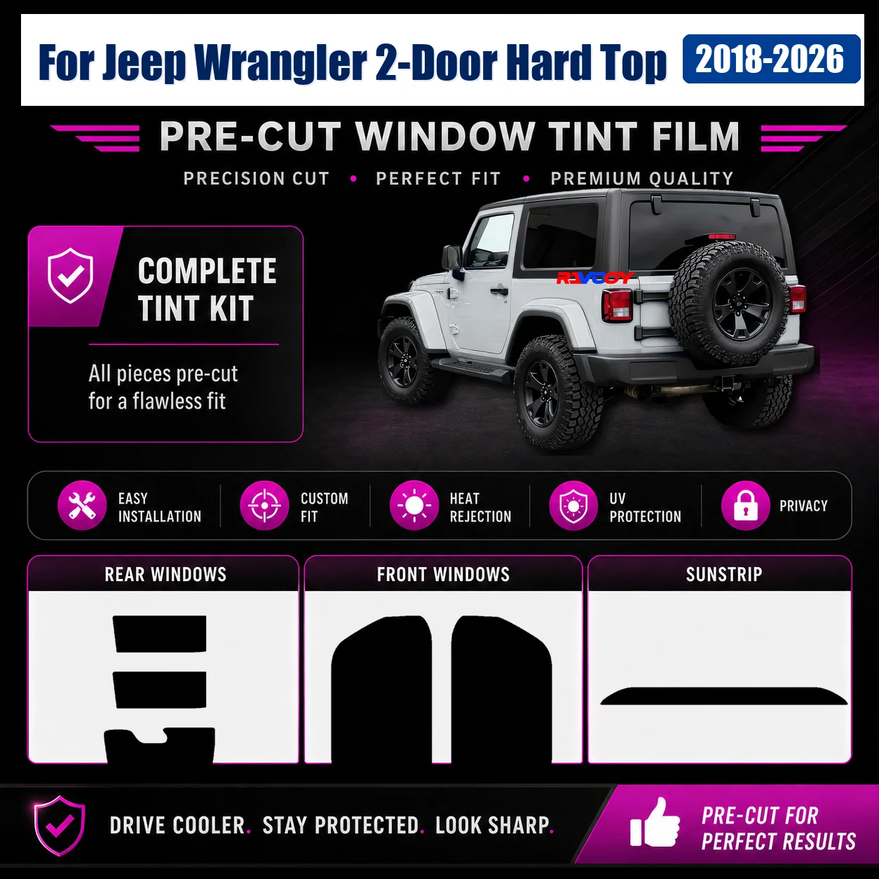 For Jeep Wrangler 2-Door Hard Top 2018-2026 Pro-Grade Complete Window Sun Shade Film Vehicle Sun Shade