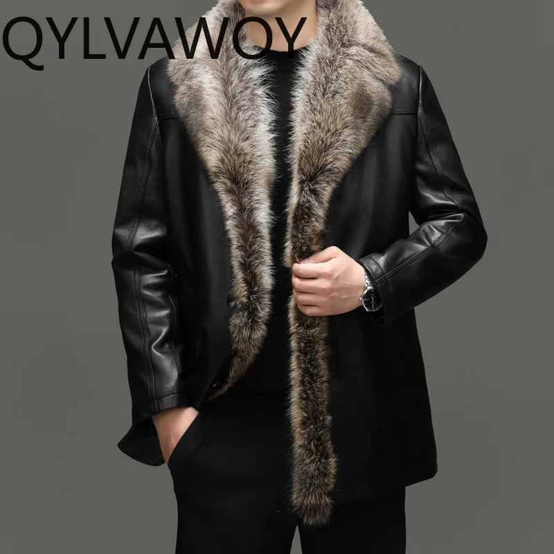 QYLVAWOY Real Goatskin Man Leather Jacket High-end Jacket Mid-length Mink Collar Coat Thicken Genuine Leather Jackets for Man