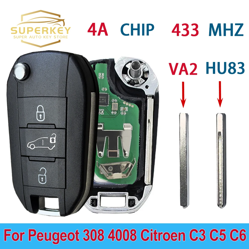 

SUPERKEY 4A чип 433 МГц для Peugeot 308 4008 для Citroen C3 C5 C6 HU83 VA2 кнопки багажника с лезвием, откидной пульт дистанционного управления, складной автомобильный ключ