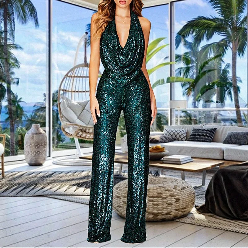 Damen sexy Neck holder Cowl Neck funkelnde Overalls Clubwear ärmellose elegante Pailletten Bodycon weites Bein Hosen Stram pler Pantalones